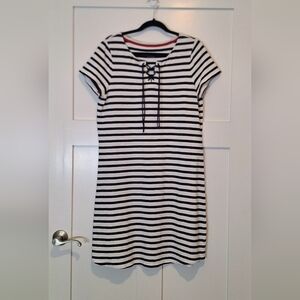 Talbots Cotton Blue White Striped Tee Shirt Dress Midi Lace Up Neckline Large